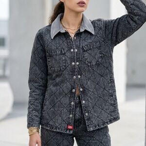 Dickies Women Quilted Acid Wash Denim Jacket Corduroy Collar Grey Black S - Used